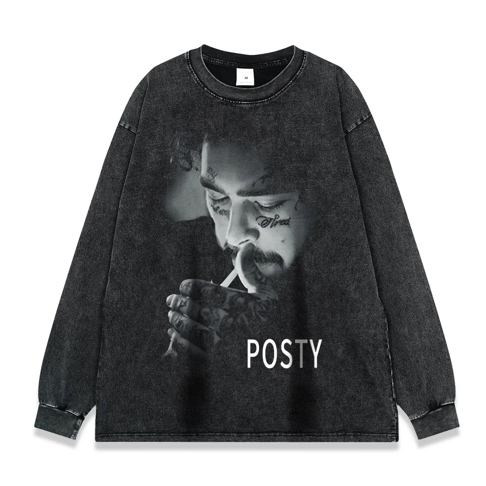 Round neck with heavy wash printing T shirt ,slong sleeve shirt , nostalgic washing